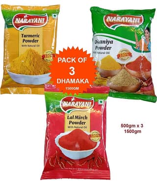 Narayani Spices Kitchen Damaka Offer Pack of 3 | Haldi , Dhaniya and Mirch Powder. Masala 1500 gm