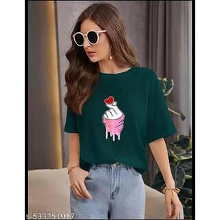 Wexam Style Women Green Printed Round Neck Short Sleeve Top