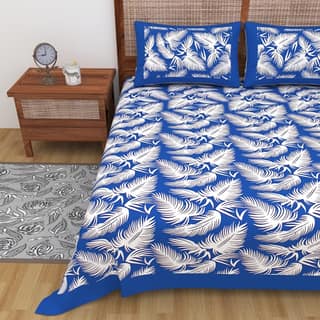 Lali Prints Jaipuri Blue White Floral Cotton 130 TC Queen Bedsheet With 2 Pillow Covers