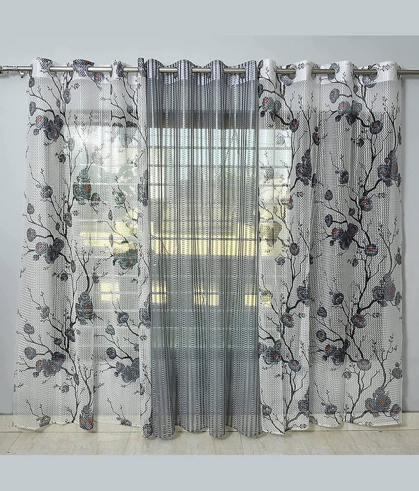 Kraftiq Homes Floral Transparent Eyelet Curtain 5 ft ( Pack of 3 ) - Light Grey