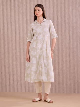 Beige Cotton Flax Kurti With Print