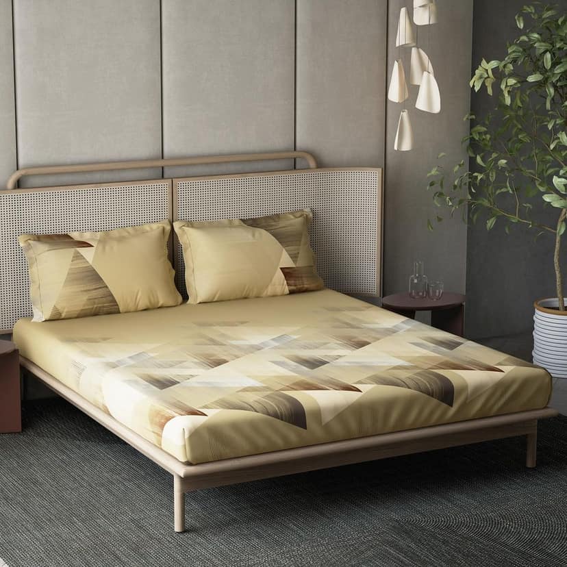Ddecor Memento Collection Bedsheet Set - 100% Cotton Bedsheet for Double Bed, Geometric 145 TC Double Bedsheet with 2 Pillow Covers - Brown