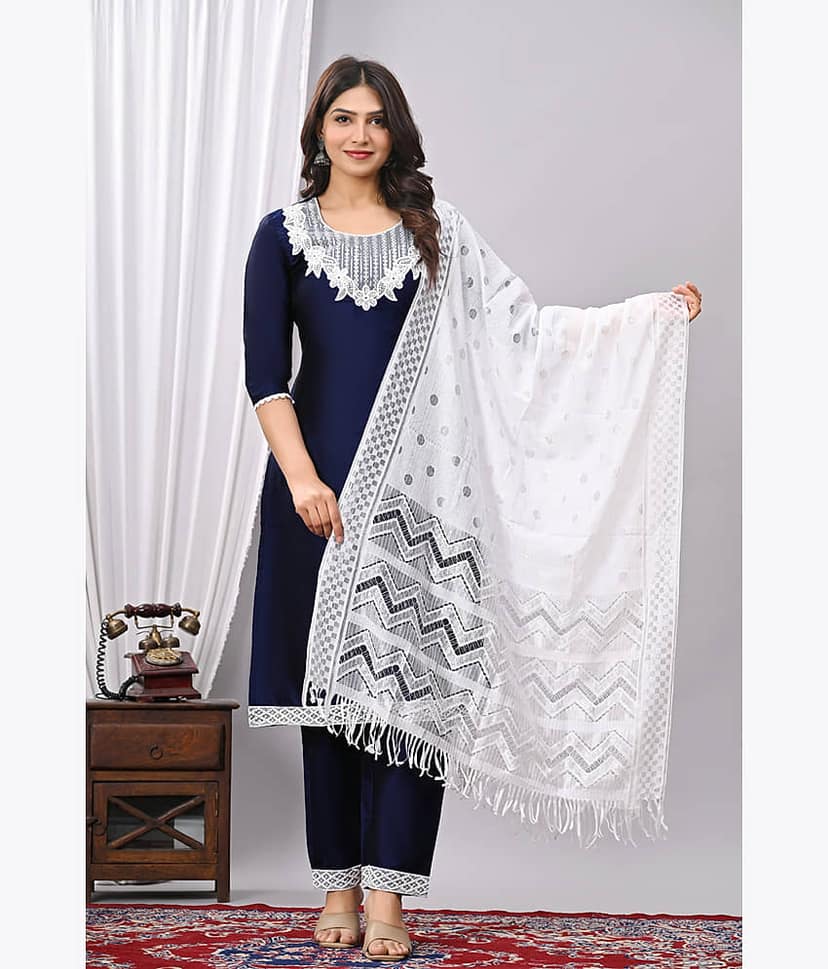 EXPORTHOUSE Women Silk Blend Embroidered Straight Kurti With Pants ( Navy Blue ) view 2