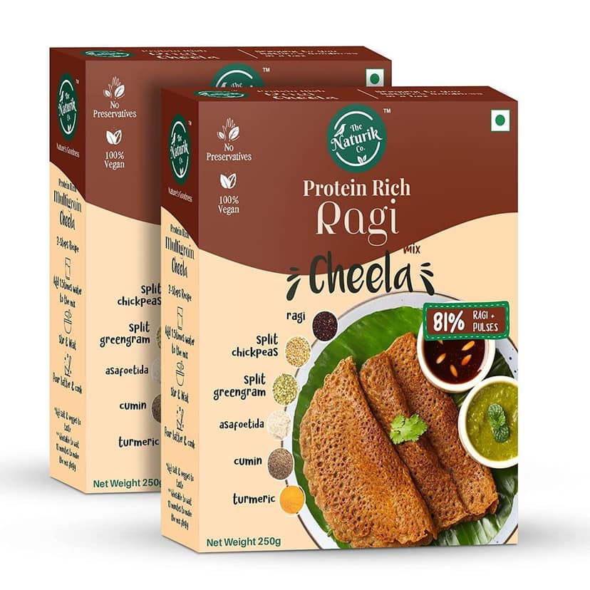 The Naturik Co Ragi Cheela Mix 250g each Pack of 2, Ready to Cook Chilla/Dosa for Healthy Breakfast, 20% Protein, 80% Ragi and Pulses, Anytime Snack for Family