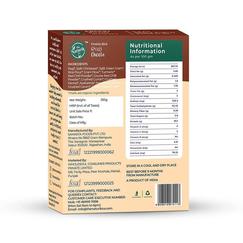 The Naturik Co Ragi Cheela Mix 250g each Pack of 2, Ready to Cook Chilla/Dosa for Healthy Breakfast, 20% Protein, 80% Ragi and Pulses, Anytime Snack for Family view 2