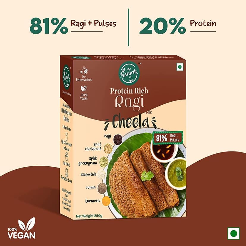 The Naturik Co Ragi Cheela Mix 250g each Pack of 2, Ready to Cook Chilla/Dosa for Healthy Breakfast, 20% Protein, 80% Ragi and Pulses, Anytime Snack for Family view 4