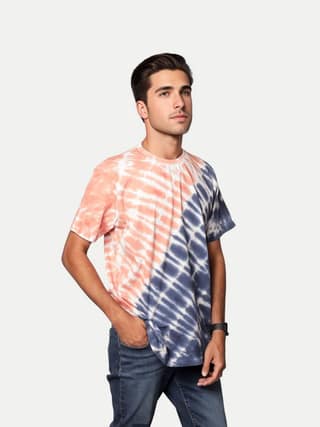 Men Orange / Blue Tie and Dye Cotton Crew Neck T-Shirt