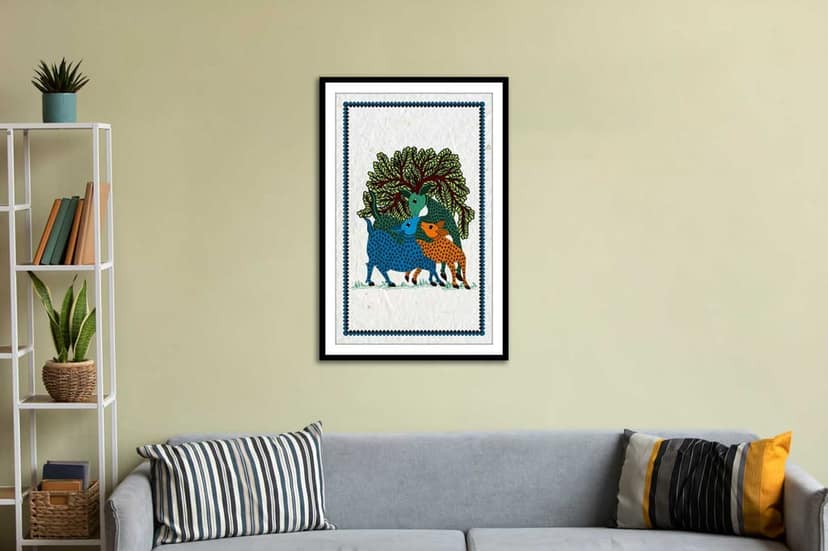 TRIBAL ART FRAMED PAINTING 16in X 24in WITH BLACK FRAME