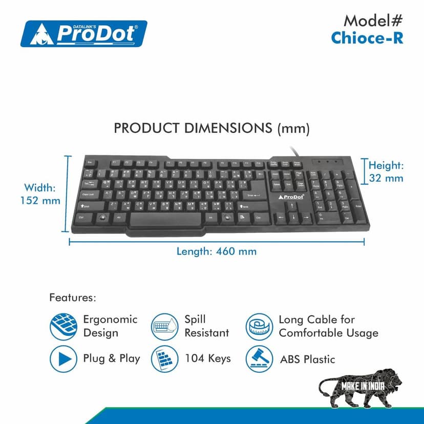 ProDot KB-Choice QWERTY �Made in India� Keyboard with 104 Low Profile Keys, Spill Resistant Design for Windows, Mac, PC, Laptop view 3