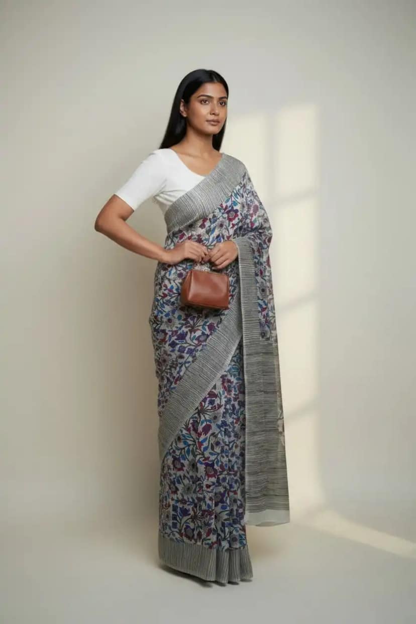 Odisha Block Print Cotton Saree Gray Floral Jaal view 2