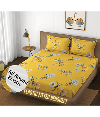 Apala Microfibre Floral Printed Fitted Double Bedsheet With 2 Pillow Covers- Yellow