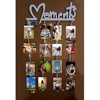 Khush Its Amazing Home Decor Wood White Moments With LED Light Hanging Photo Display, DIY Picture Photo Frame Collage Set Includes Multi colour Clips