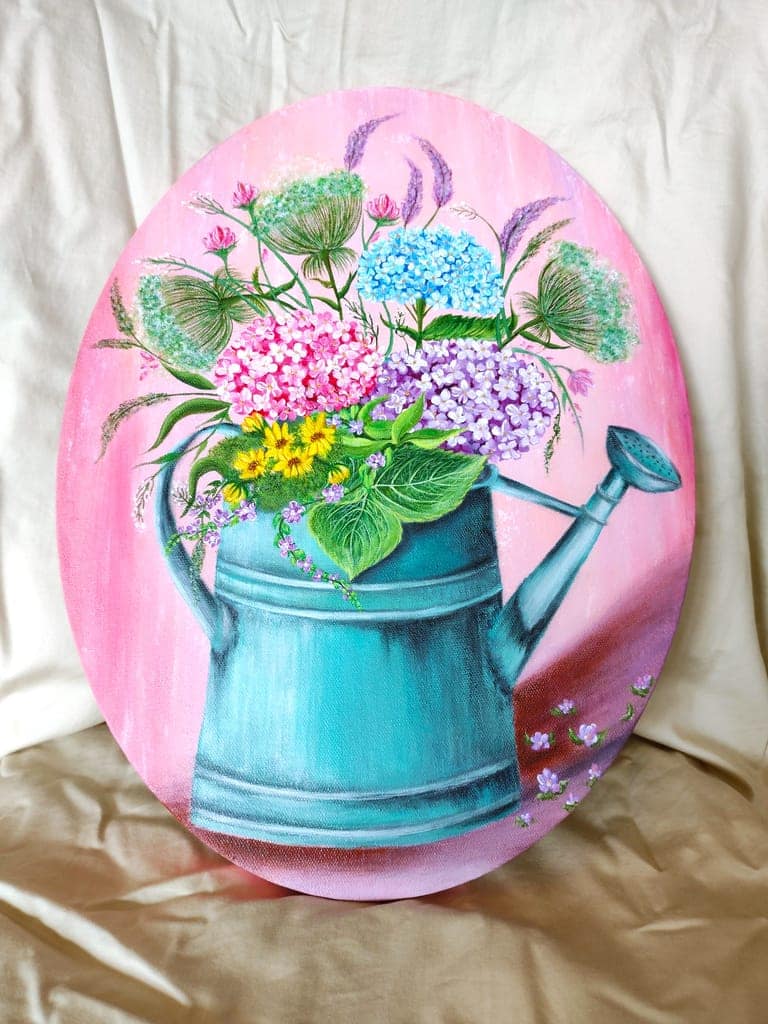 Handmade Acrylic Canvas Painting with in-built frame - "Flowers in an Old Watering Can" view 2