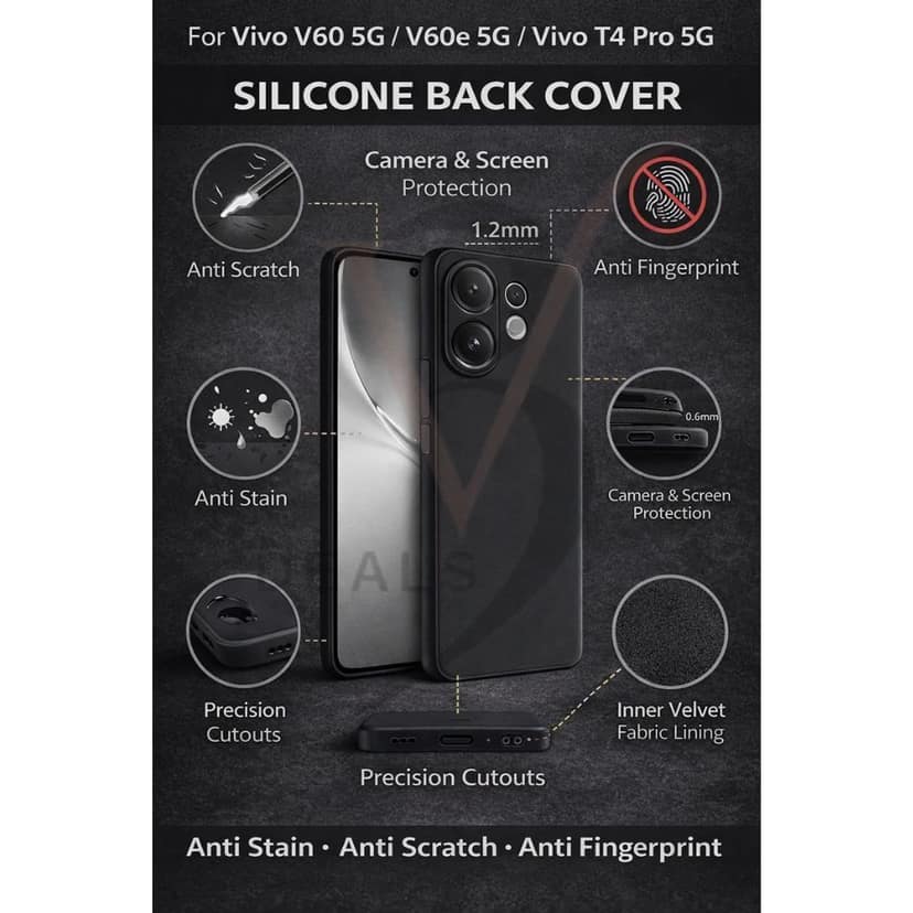 V3Deals Imported OG Silicone Protective Phone Case Compatible for Vivo V60 5G/V60e 5G/T4 Pro 5G, Black, Anti-Scratch, Anti-Fingerprint, Camera Protection view 3