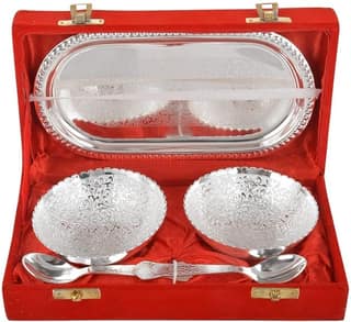 German Silver Bowl Set with Capsule Tray Round Bowl Stunning Spoons in Royal Velvet Gift Box for Wedding Return Gift