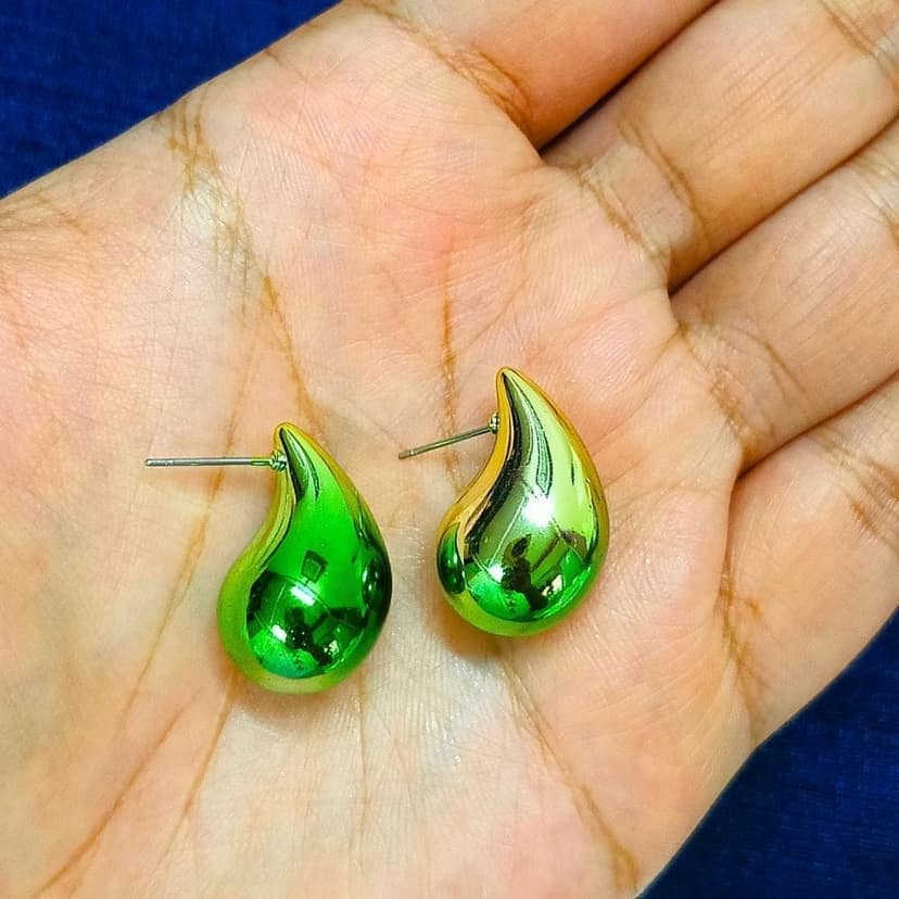 Jewelryklub Dual Metallic Colored Chunky Tear Drop Fashion Jewelry Earrings For Women & Girls - Green Gold view 3