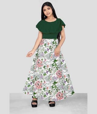 Aarya Creation Crepe Fit And Flare Dress For Girls ( Pack of 1 , Green )