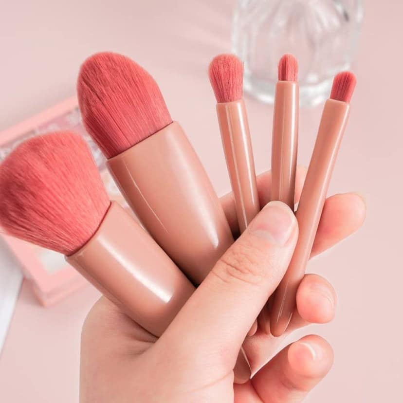 5 Pcs Portable Makeup Brush Set with Built-in Mirror Case | Compact Travel-Friendly Cosmetic Brush Kit for Foundation, Blush, Powder, Eye shadow & Lip Makeup | Lightweight, Durable Beauty Tool Set for Women & Girls (Original Quality) view 2