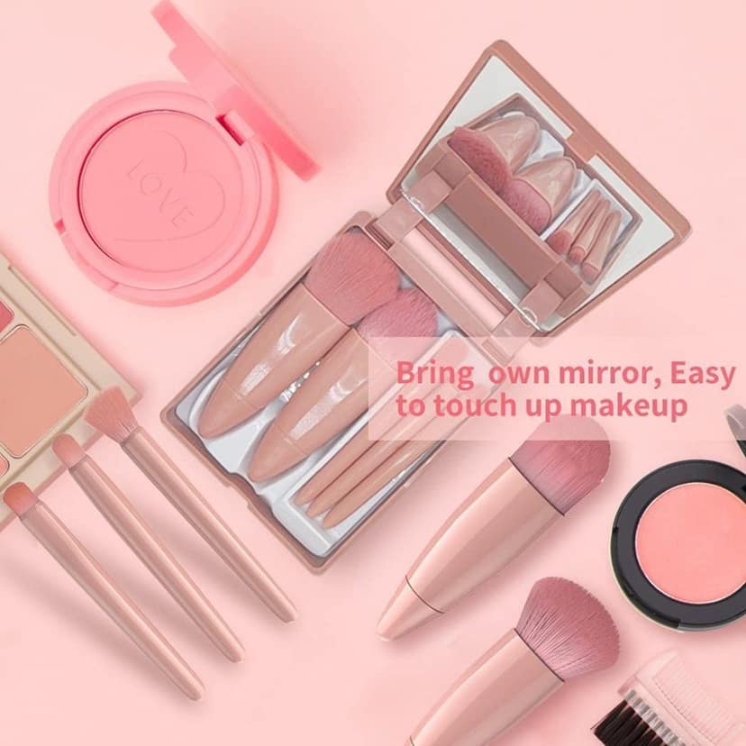 5 Pcs Portable Makeup Brush Set with Built-in Mirror Case | Compact Travel-Friendly Cosmetic Brush Kit for Foundation, Blush, Powder, Eye shadow & Lip Makeup | Lightweight, Durable Beauty Tool Set for Women & Girls (Original Quality) view 5