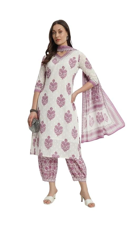 Gulmira White & Purple Floral Yoke Design Empire Mirror Work Pure Cotton Kurta with Patiala & Dupatta view 3