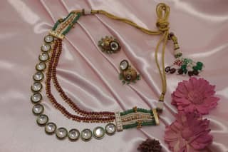 Traditional Gold Plated Kundan Choker Necklace Set with Green & Maroon Beads