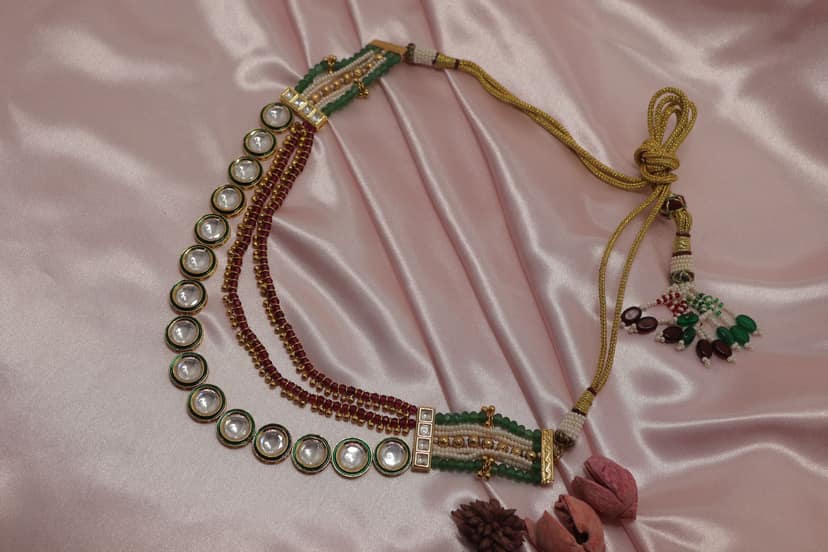 Traditional Gold Plated Kundan Choker Necklace Set with Green & Maroon Beads view 3