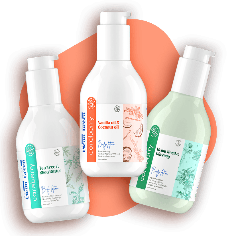 Careberry's Skin Squad Essentials: Vanilla & Coconut, Hemp Seed & Ginseng, Tea Tree & Shea Butter Body Lotion Trio (Pack of 3, 200 ml each)