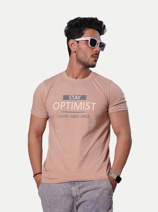 Mens Stay Optimist Printed Tees- Pink Colour