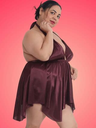 Klamotten Women's Plus Size Sexy Burgundy Babydoll Dress for Honeymoon BB36U