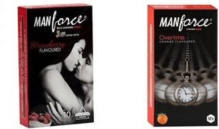 MANFORCE 3 in 1 Wild Ribbed Contour Dotted Strawberry Flavor Condoms - 10 Pieces & 3 in 1 Condoms (Ribbed Contour Dotted) Overtime Orange Flavoured- 10 Pieces Condom (Set of 2 20 Sheets)