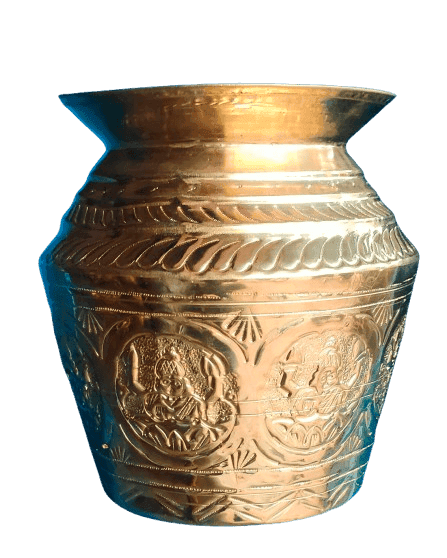 "Traditional Indian Brass Kalash with intricate carvings"(Ashtalakshmi Binde)