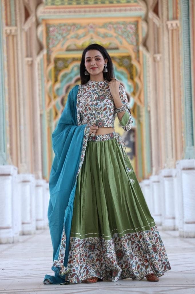Handblock Printed Cotton Lehanga And Top With Mulmul Dupatta Green and Blue Color-8014