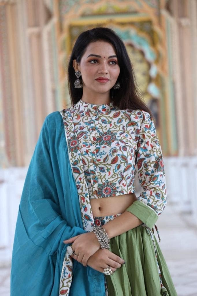 Handblock Printed Cotton Lehanga And Top With Mulmul Dupatta Green and Blue Color-8014 view 4