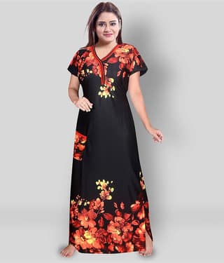 PURSA - Black Satin Women's Nightwear Nighty & Night Gowns