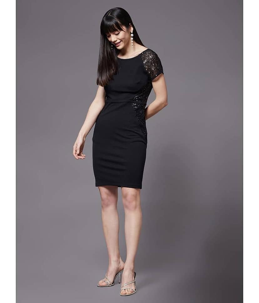 Miss Chase Women Polyester Embellished Bodycon Dress ( Black )