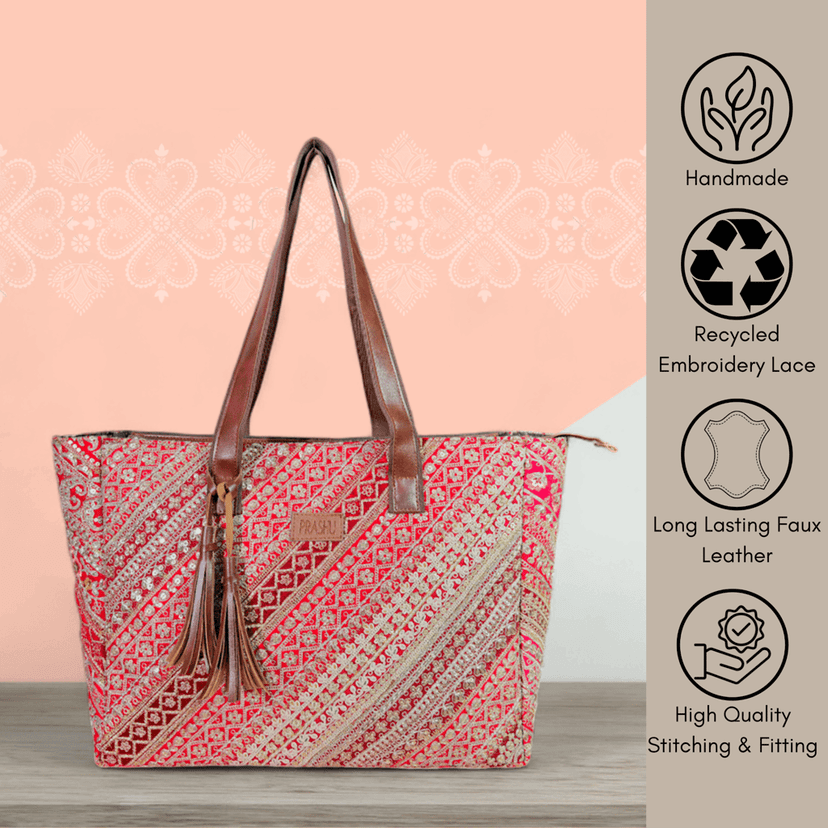 PRASHU Recycled Embroidery Lace Tote Bag Women Handbag For Office, Shopping,Travel & Gifting Shoulder Bag For Women & Girls view 2