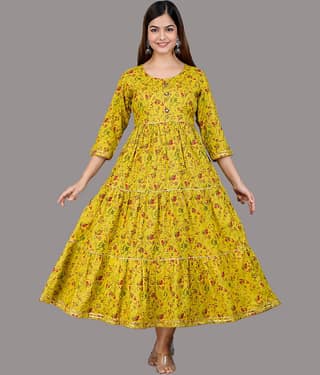NUPITAL Cotton Blend Self Design Anarkali Women's Kurti - Yellow ( Pack of 1 )