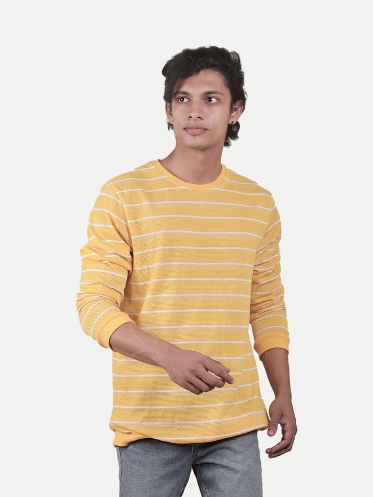 Men Yellow and White Striped textured loose Sweatshirt view 2