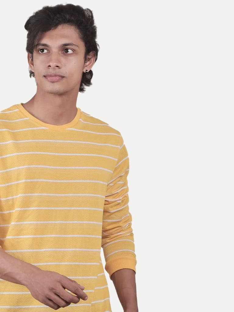 Men Yellow and White Striped textured loose Sweatshirt view 3