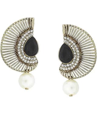 The Jewelbox Filigree Crescent Antique Rhodium Black CZ Pearl Earring for Women