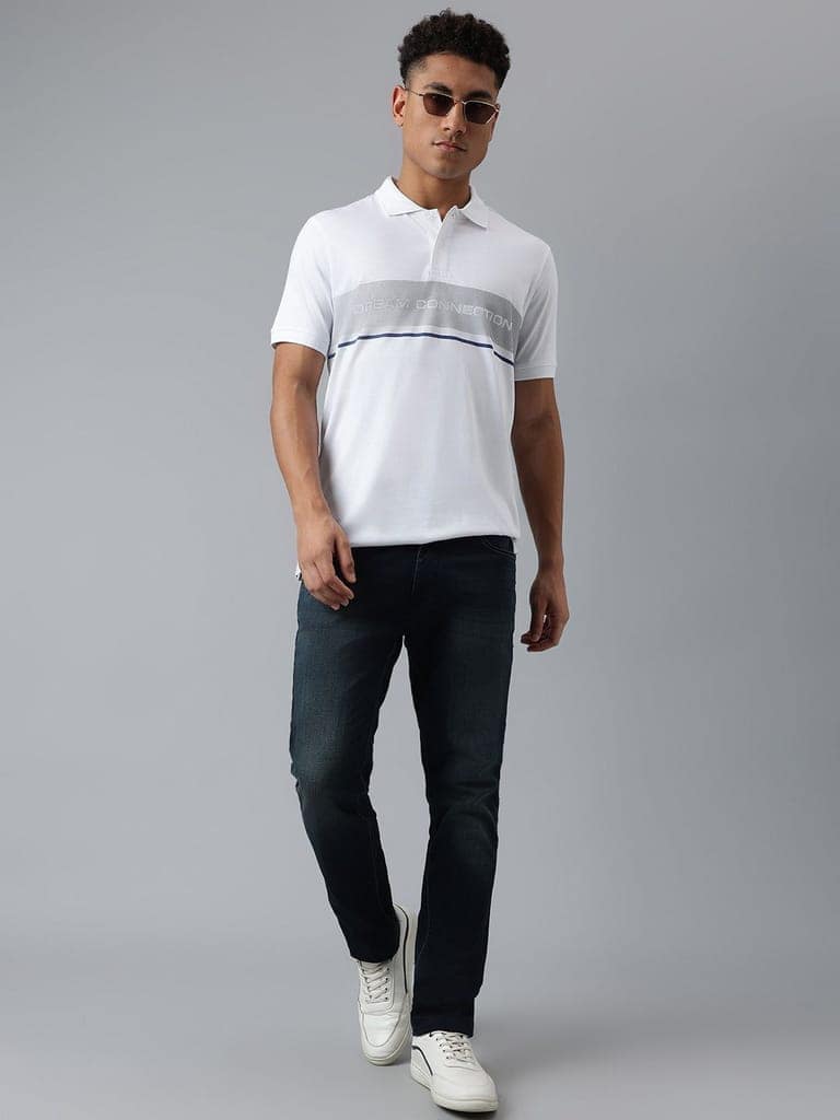 Men White Striped Regular Fit Polo Neck T-Shirt view 6