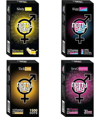 NottyBoy Assorted Pack 4 IN 1 & 3 IN 1, 1500 Extra Dots, Long Time, Contour, Ribbed, Thin, Banana Flavour Condom - 40 Units