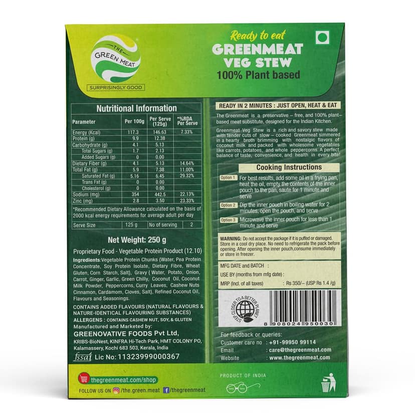 Greenmeat Veg Stew | Plant based & Vegetarian Meat Substitute | Ready to Eat | 250g view 3