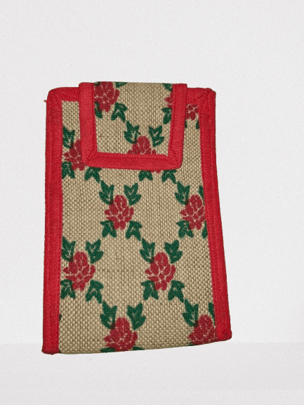 Handmade Jute Clutch with Red Trim and Floral Print