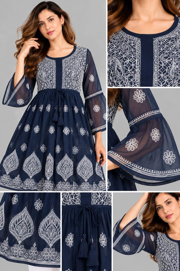 Mrs Right Women’s Short Georgette Gown Frock with Handcrafted Lucknowi Chikankari Embroidery | Umbrella Sleeves | Adjustable Waist Belt | Thigh Length view 2