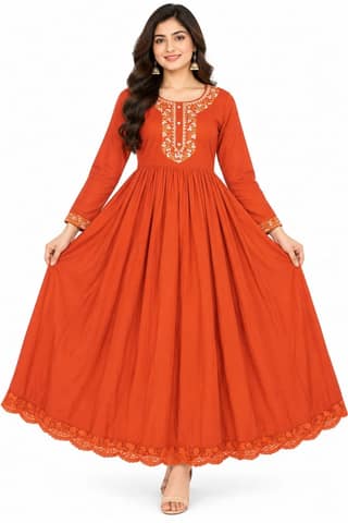 Women Solid Embroidered Anarkali Gown with 3/4 Sleeves, Lace Border and Back Tassel | Ethnic Festive Wear