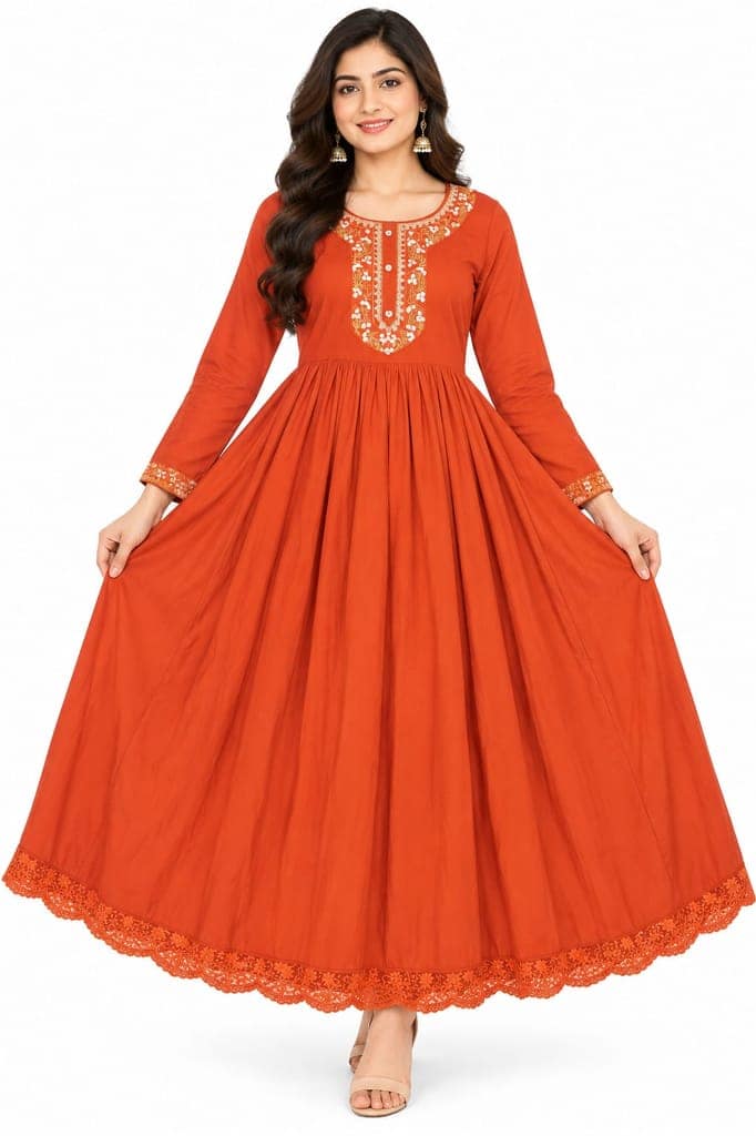 Women Solid Embroidered Anarkali Gown with 3/4 Sleeves, Lace Border and Back Tassel | Ethnic Festive Wear