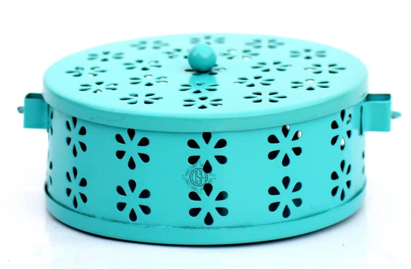 Mosquito Coil Box with Handle Metal Hollow Out Mosquito Coil Holder Fireproof Incense Round Shape Coil Incense Burner (Sky)