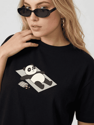 The Retro India Women’s Oversized Black Cotton T-Shirt Lazy Panda Graphic Print | Cute Aesthetic Chill Mood Tee | Trendy Loose Fit Stylish Casual Cotton Tshirt for Women