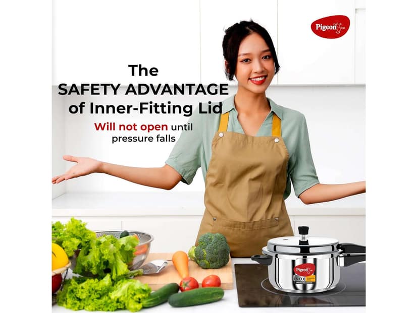 Pigeon Inox Stainless Steel Pressure Cooker Outer Lid, Induction Base, Silver - 5 Litre view 2
